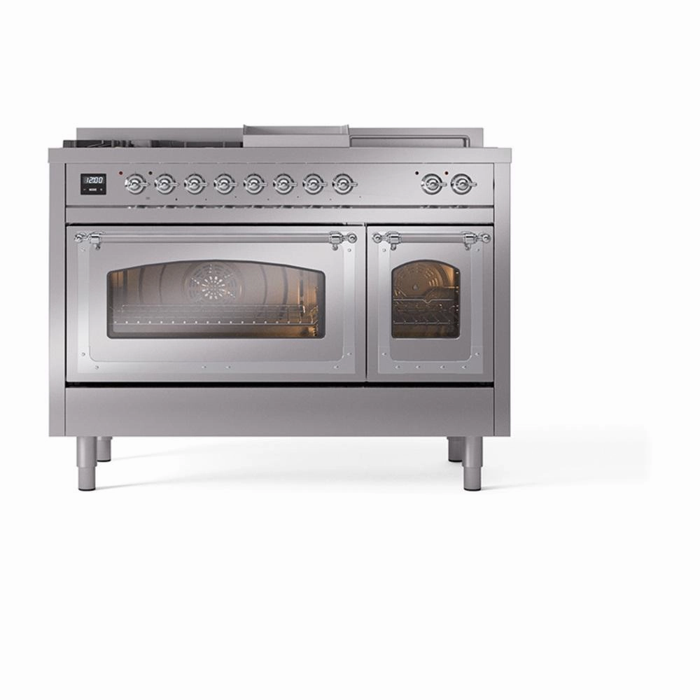 Ilve UN48FSNMPSSC Ilve Un48Fsnmpssc Nostalgie Ii Noblesse 48" Dual Fuel Range (5 Sealed Burners   Griddle   French Top, Natural Gas, Triple Glass Door, Stainless Steel, Chrome)