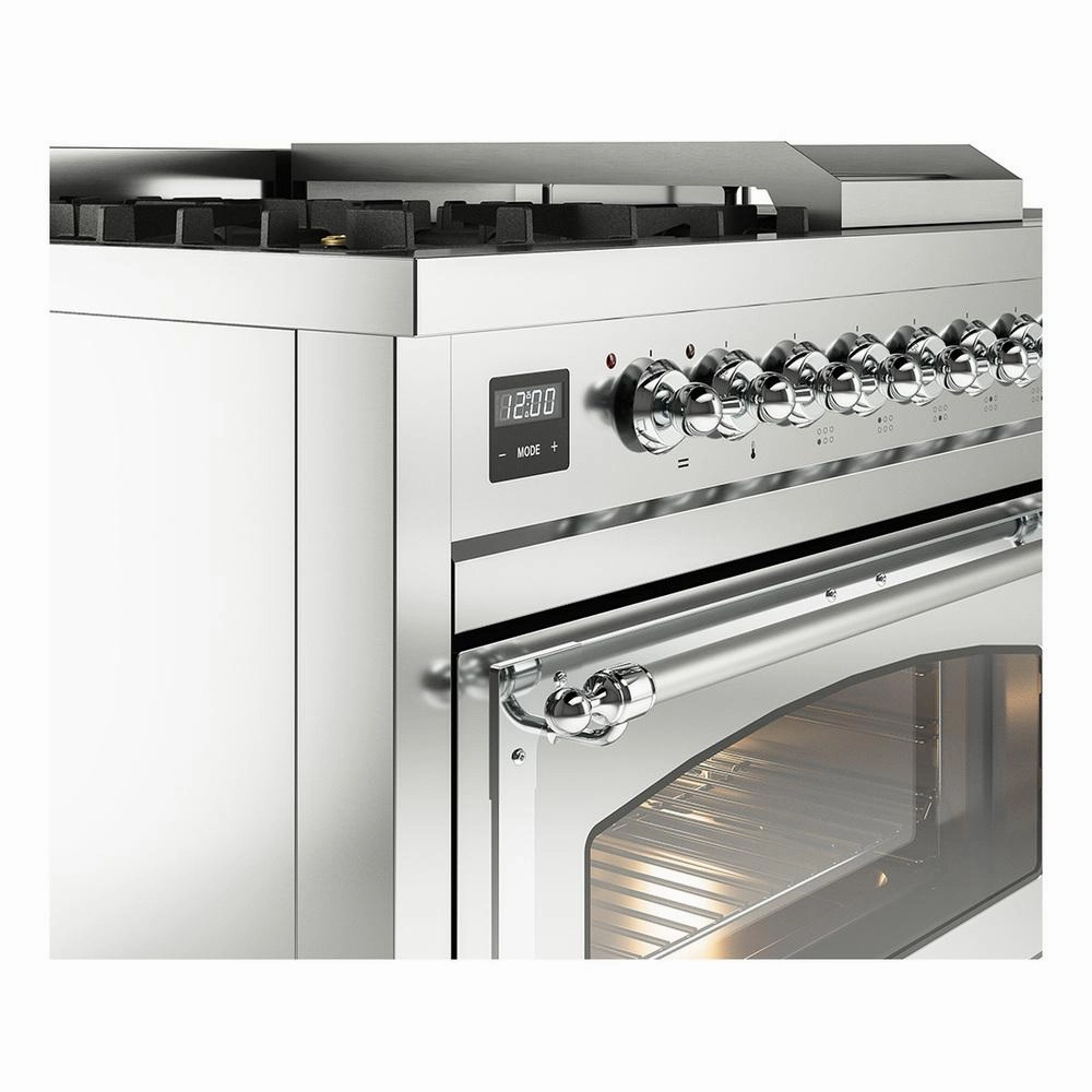 Ilve UN48FSNMPSSCLP Ilve Un48Fsnmpssclp Nostalgie Ii Noblesse 48" Dual Fuel Range (5 Sealed Burners   Griddle   French Top, Liquid Propane, Triple Glass Door, Stainless Steel, Chrome)