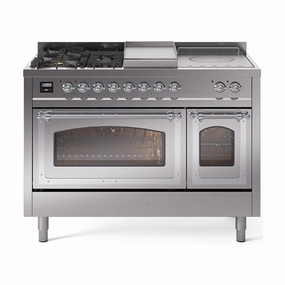 Ilve UN48FSNMPSSCLP Ilve Un48Fsnmpssclp Nostalgie Ii Noblesse 48" Dual Fuel Range (5 Sealed Burners   Griddle   French Top, Liquid Propane, Triple Glass Door, Stainless Steel, Chrome) Freestanding Ranges freestanding dual fuel range 30 inch