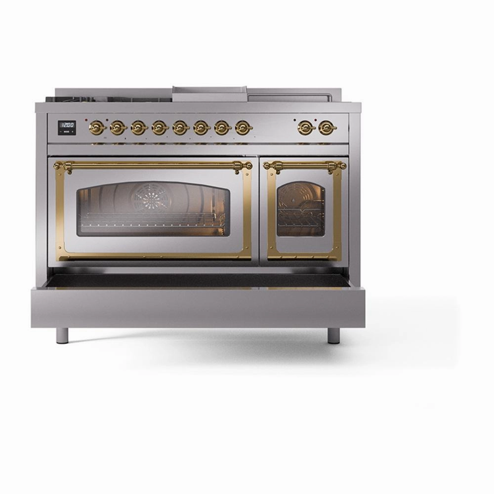 Ilve UN48FSNMPSSG Ilve Un48Fsnmpssg Nostalgie Ii Noblesse 48" Dual Fuel Range (5 Sealed Burners   Griddle   French Top, Natural Gas, Triple Glass Door, Stainless Steel, Brass)