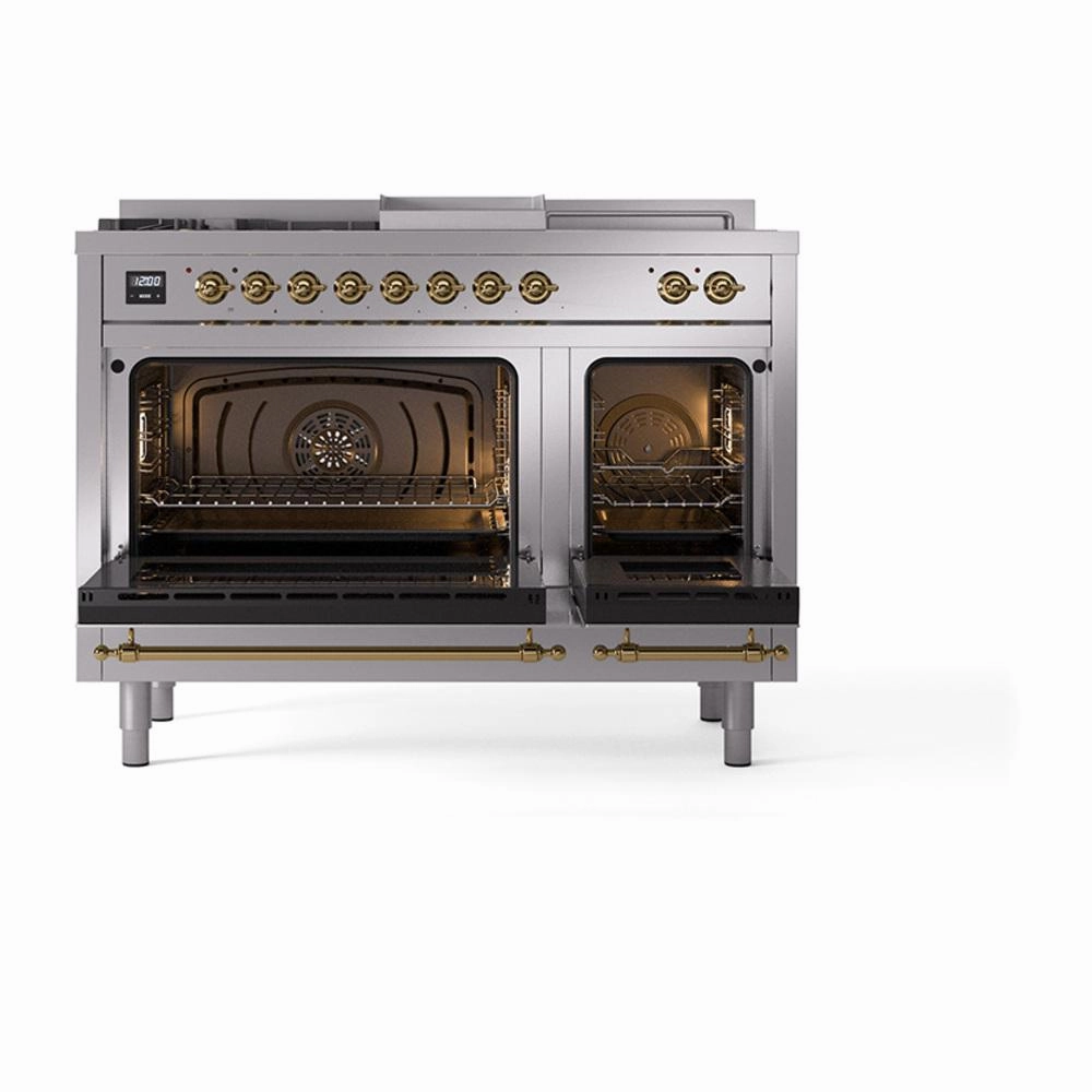 Ilve UN48FSNMPSSG Ilve Un48Fsnmpssg Nostalgie Ii Noblesse 48" Dual Fuel Range (5 Sealed Burners   Griddle   French Top, Natural Gas, Triple Glass Door, Stainless Steel, Brass)