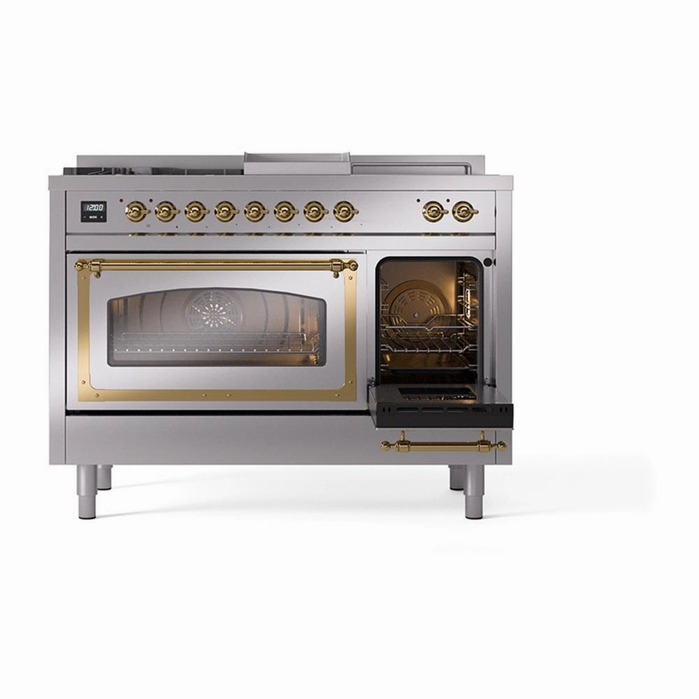 Ilve UN48FSNMPSSG Ilve Un48Fsnmpssg Nostalgie Ii Noblesse 48" Dual Fuel Range (5 Sealed Burners   Griddle   French Top, Natural Gas, Triple Glass Door, Stainless Steel, Brass)