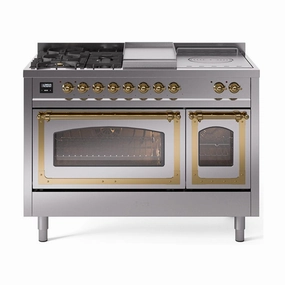 Ilve UN48FSNMPSSG Ilve Un48Fsnmpssg Nostalgie Ii Noblesse 48" Dual Fuel Range (5 Sealed Burners   Griddle   French Top, Natural Gas, Triple Glass Door, Stainless Steel, Brass) Freestanding Ranges freestanding dual fuel range 30 inch