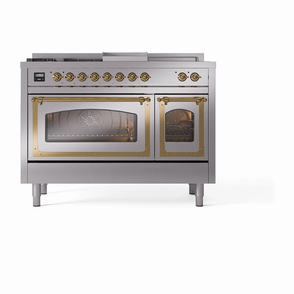 Ilve UN48FSNMPSSG Ilve Un48Fsnmpssg Nostalgie Ii Noblesse 48" Dual Fuel Range (5 Sealed Burners   Griddle   French Top, Natural Gas, Triple Glass Door, Stainless Steel, Brass)