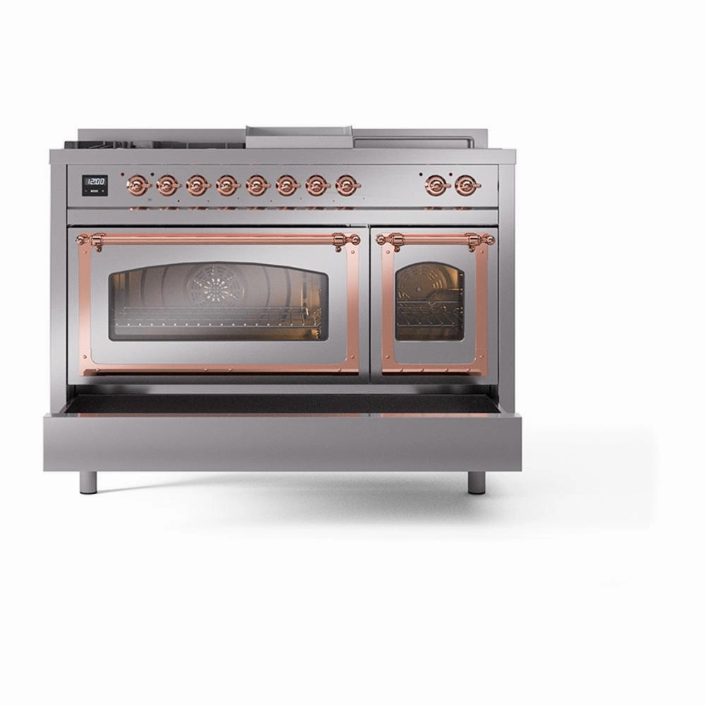 Ilve UN48FSNMPSSPLP Ilve Un48Fsnmpssplp Nostalgie Ii Noblesse 48" Dual Fuel Range (5 Sealed Burners   Griddle   French Top, Liquid Propane, Triple Glass Door, Stainless Steel, Copper)