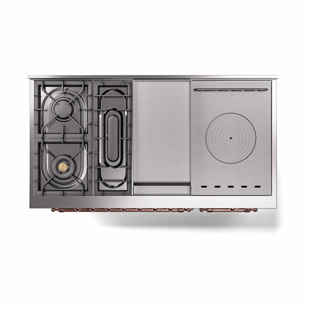 Ilve UN48FSNMPSSPLP Ilve Un48Fsnmpssplp Nostalgie Ii Noblesse 48" Dual Fuel Range (5 Sealed Burners   Griddle   French Top, Liquid Propane, Triple Glass Door, Stainless Steel, Copper)