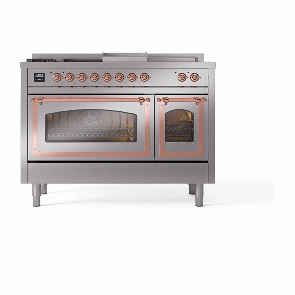 Ilve UN48FSNMPSSPLP Ilve Un48Fsnmpssplp Nostalgie Ii Noblesse 48" Dual Fuel Range (5 Sealed Burners   Griddle   French Top, Liquid Propane, Triple Glass Door, Stainless Steel, Copper)