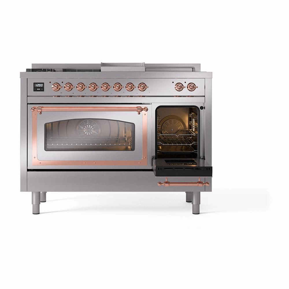 Ilve UN48FSNMPSSPLP Ilve Un48Fsnmpssplp Nostalgie Ii Noblesse 48" Dual Fuel Range (5 Sealed Burners   Griddle   French Top, Liquid Propane, Triple Glass Door, Stainless Steel, Copper)
