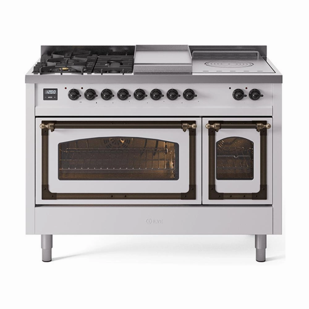 Ilve UN48FSNMPWHB Ilve Un48Fsnmpwhb Nostalgie Ii Noblesse 48" Dual Fuel Range (5 Sealed Burners   Griddle   French Top, Natural Gas, Triple Glass Door, White, Burnished) Freestanding Ranges freestanding dual fuel range 30 inch
