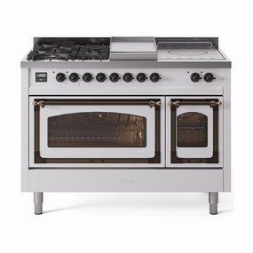 Ilve UN48FSNMPWHBLP Ilve Un48Fsnmpwhblp Nostalgie Ii Noblesse 48" Dual Fuel Range (5 Sealed Burners   Griddle   French Top, Liquid Propane, Triple Glass Door, White, Burnished) Freestanding Ranges freestanding dual fuel range 30 inch
