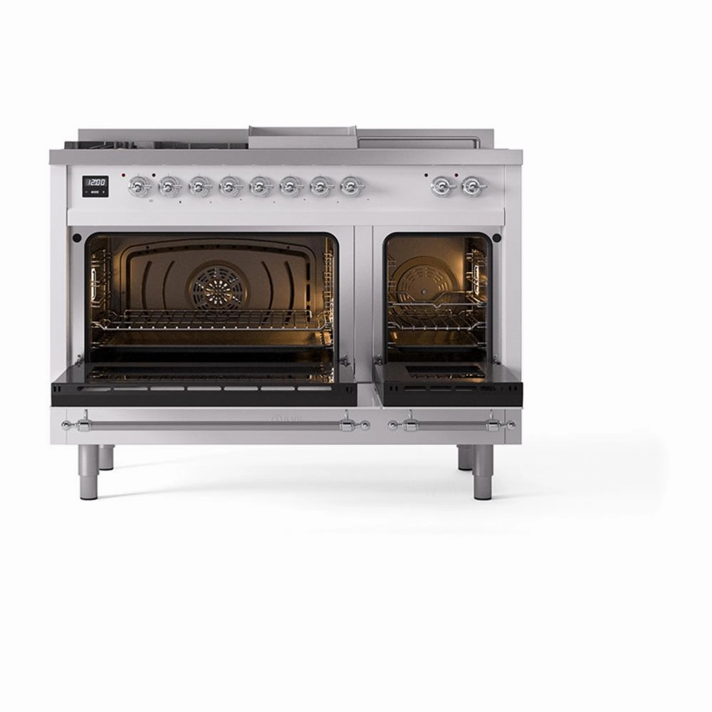 Ilve UN48FSNMPWHCLP Ilve Un48Fsnmpwhclp Nostalgie Ii Noblesse 48" Dual Fuel Range (5 Sealed Burners   Griddle   French Top, Liquid Propane, Triple Glass Door, White, Chrome)