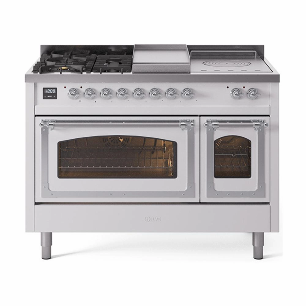 Ilve UN48FSNMPWHCLP Ilve Un48Fsnmpwhclp Nostalgie Ii Noblesse 48" Dual Fuel Range (5 Sealed Burners   Griddle   French Top, Liquid Propane, Triple Glass Door, White, Chrome) Freestanding Ranges freestanding dual fuel range 30 inch