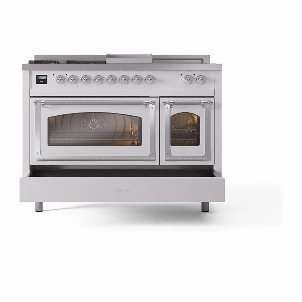 Ilve UN48FSNMPWHCLP Ilve Un48Fsnmpwhclp Nostalgie Ii Noblesse 48" Dual Fuel Range (5 Sealed Burners   Griddle   French Top, Liquid Propane, Triple Glass Door, White, Chrome)