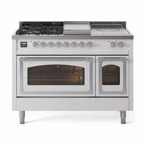 Ilve UN48FSNMPWHCLP Ilve Un48Fsnmpwhclp Nostalgie Ii Noblesse 48" Dual Fuel Range (5 Sealed Burners   Griddle   French Top, Liquid Propane, Triple Glass Door, White, Chrome) Freestanding Ranges freestanding dual fuel range 30 inch