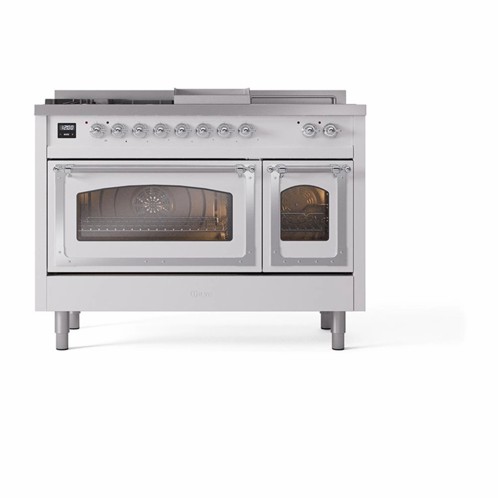Ilve UN48FSNMPWHCLP Ilve Un48Fsnmpwhclp Nostalgie Ii Noblesse 48" Dual Fuel Range (5 Sealed Burners   Griddle   French Top, Liquid Propane, Triple Glass Door, White, Chrome)