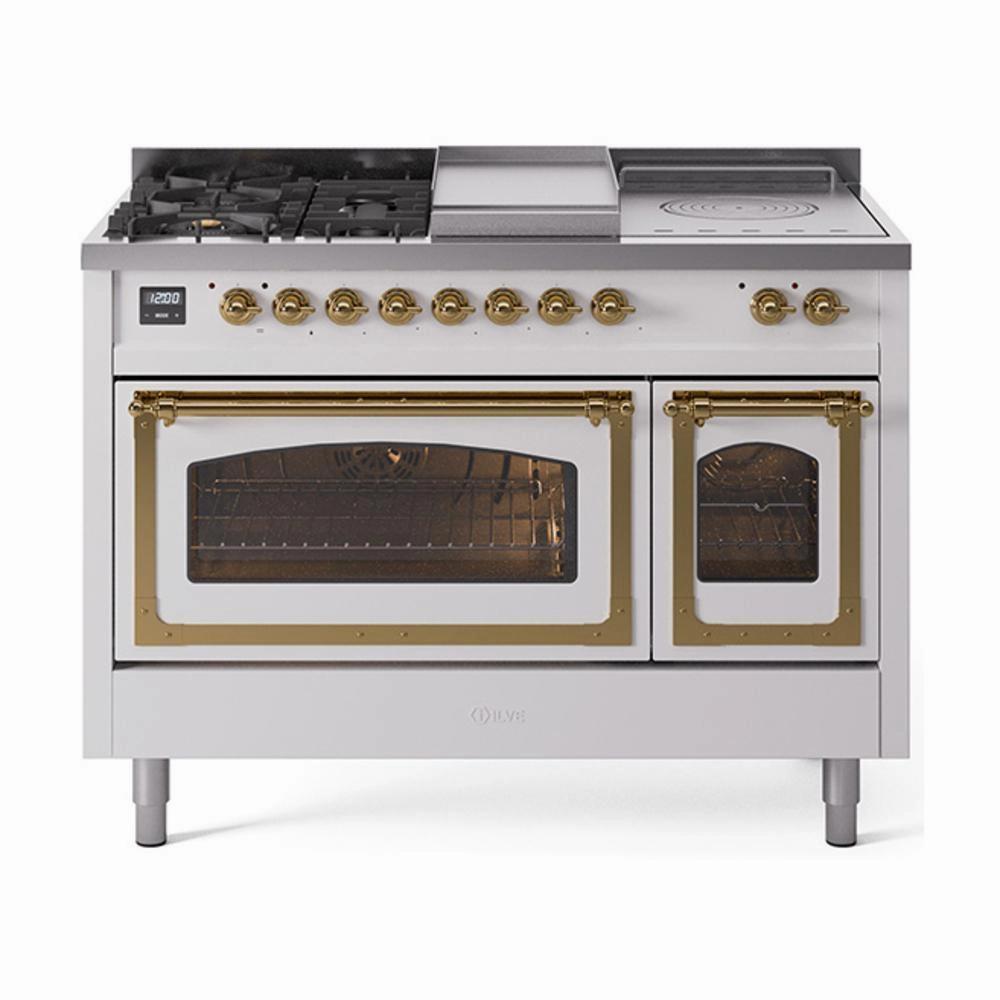 Ilve UN48FSNMPWHG Ilve Un48Fsnmpwhg Nostalgie Ii Noblesse 48" Dual Fuel Range (5 Sealed Burners   Griddle   French Top, Natural Gas, Triple Glass Door, White, Brass) Freestanding Ranges freestanding dual fuel range 30 inch