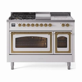 Ilve UN48FSNMPWHG Ilve Un48Fsnmpwhg Nostalgie Ii Noblesse 48" Dual Fuel Range (5 Sealed Burners   Griddle   French Top, Natural Gas, Triple Glass Door, White, Brass) Freestanding Ranges freestanding dual fuel range 30 inch