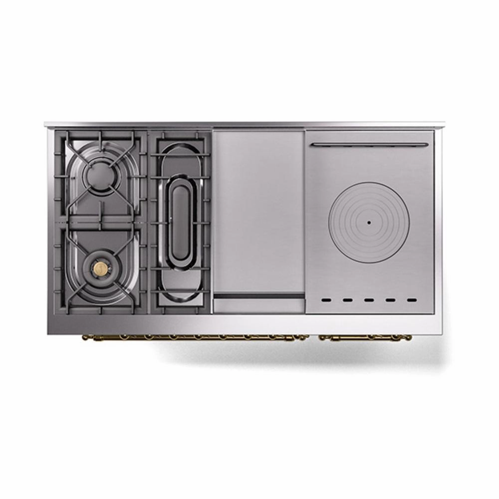 Ilve UN48FSNMPWHG Ilve Un48Fsnmpwhg Nostalgie Ii Noblesse 48" Dual Fuel Range (5 Sealed Burners   Griddle   French Top, Natural Gas, Triple Glass Door, White, Brass)