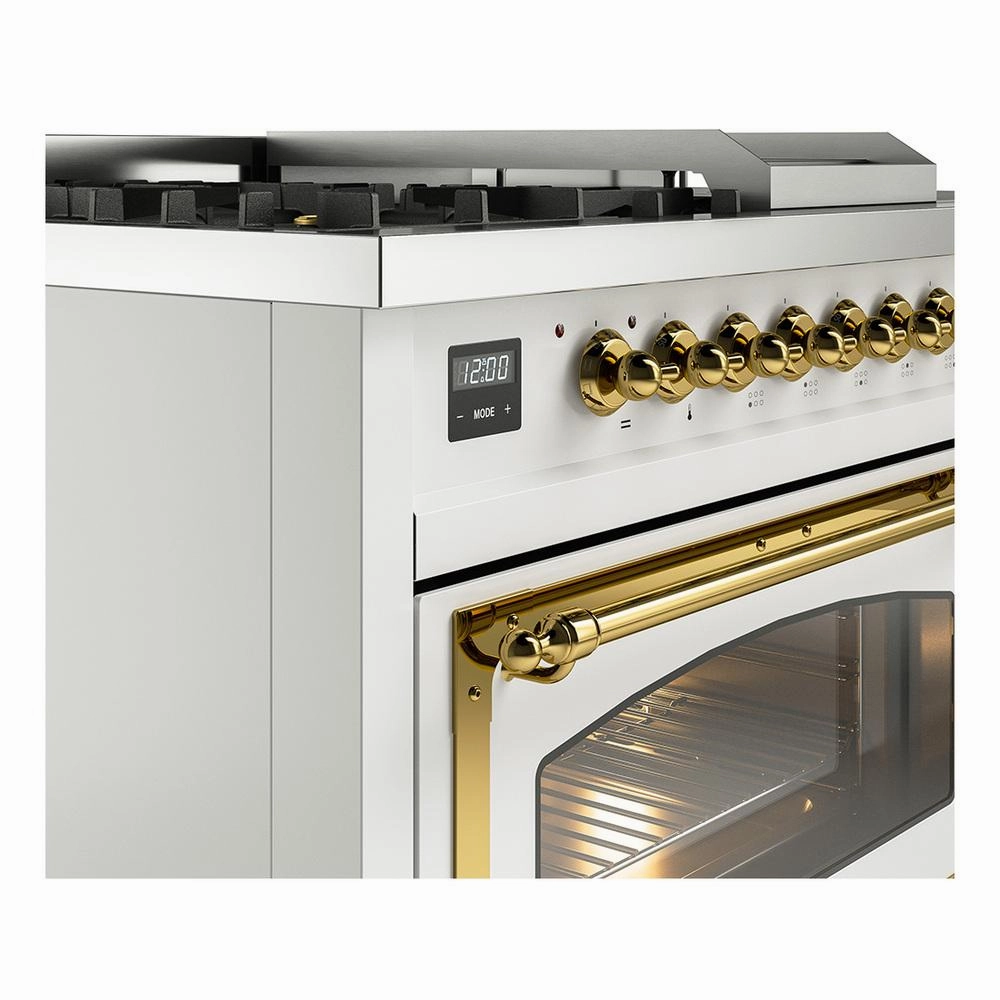 Ilve UN48FSNMPWHG Ilve Un48Fsnmpwhg Nostalgie Ii Noblesse 48" Dual Fuel Range (5 Sealed Burners   Griddle   French Top, Natural Gas, Triple Glass Door, White, Brass)