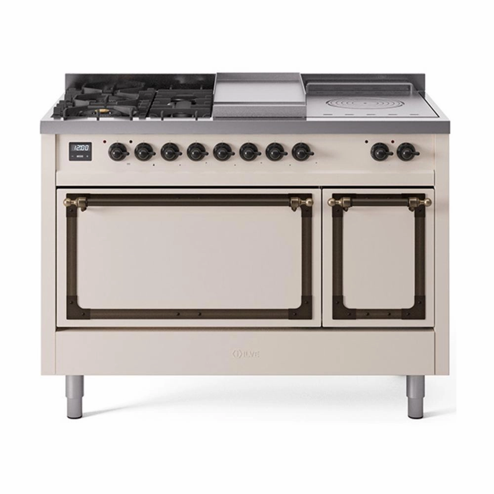 Ilve UN48FSQNMPAWBLP Ilve Un48Fsqnmpawblp Nostalgie Ii Noblesse 48" Dual Fuel Range (5 Sealed Burners   Griddle   French Top, Liquid Propane, Solid Door, Antique White, Burnished) Freestanding Ranges freestanding dual fuel range 30 inch