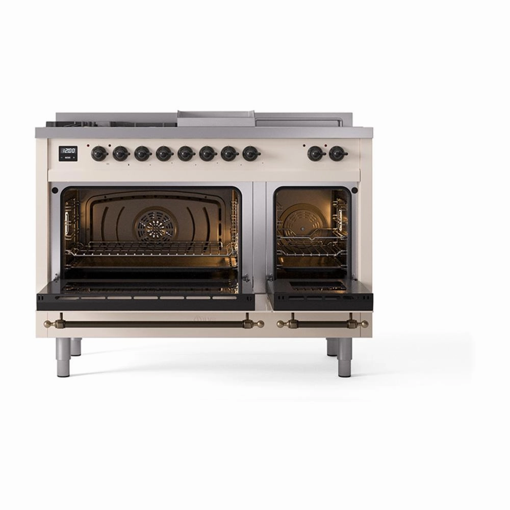 Ilve UN48FSQNMPAWBLP Ilve Un48Fsqnmpawblp Nostalgie Ii Noblesse 48" Dual Fuel Range (5 Sealed Burners   Griddle   French Top, Liquid Propane, Solid Door, Antique White, Burnished)
