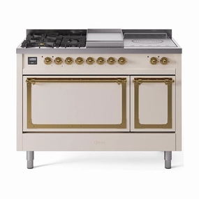 Ilve UN48FSQNMPAWG Ilve Un48Fsqnmpawg Nostalgie Ii Noblesse 48" Dual Fuel Range (5 Sealed Burners   Griddle   French Top, Natural Gas, Solid Door, Antique White, Brass) Freestanding Ranges freestanding dual fuel range 30 inch