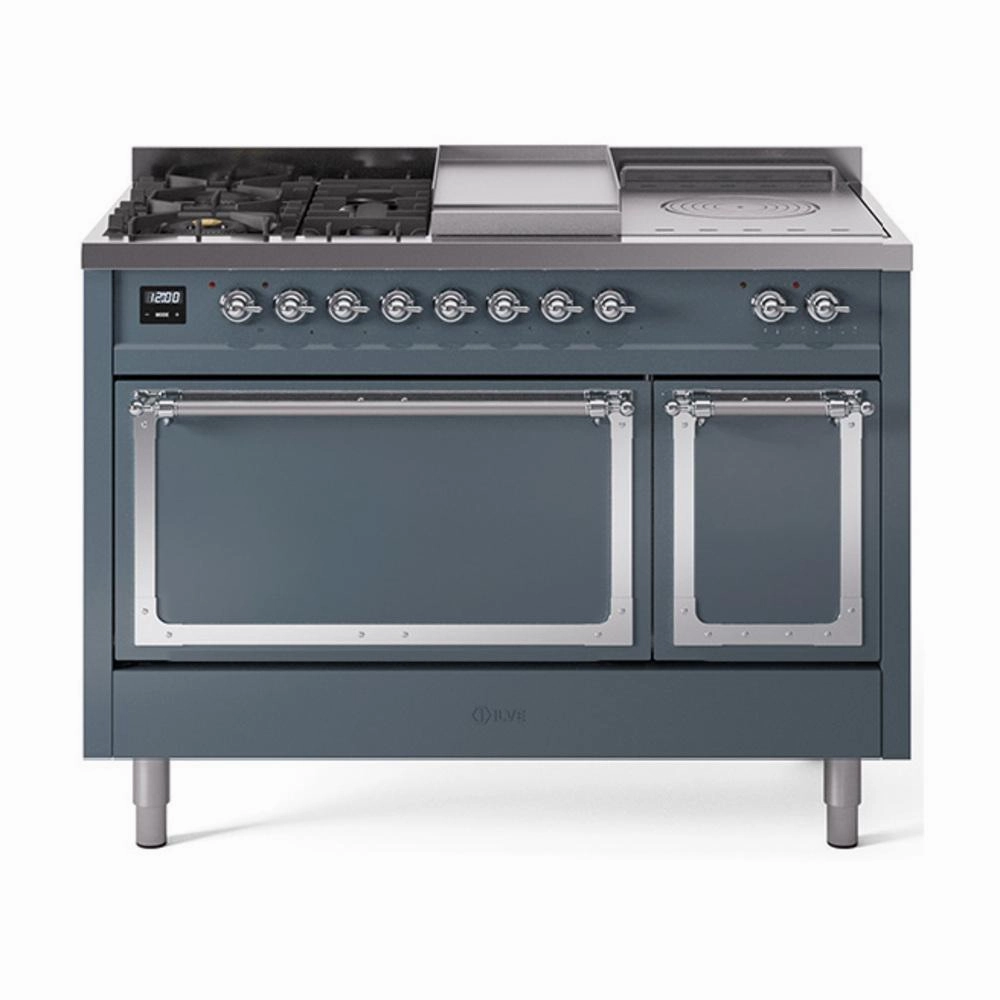 Ilve UN48FSQNMPBGCLP Ilve Un48Fsqnmpbgclp Nostalgie Ii Noblesse 48" Dual Fuel Range (5 Sealed Burners   Griddle   French Top, Liquid Propane, Solid Door, Blue Grey, Chrome) Freestanding Ranges freestanding dual fuel range 30 inch