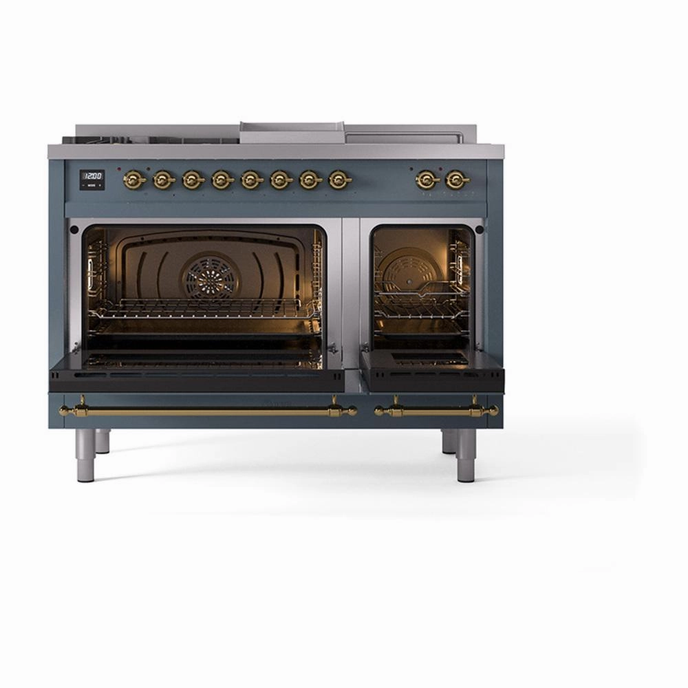 Ilve UN48FSQNMPBGGLP Ilve Un48Fsqnmpbgglp Nostalgie Ii Noblesse 48" Dual Fuel Range (5 Sealed Burners   Griddle   French Top, Liquid Propane, Solid Door, Blue Grey, Brass)