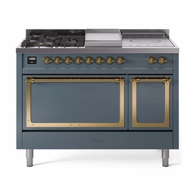Ilve UN48FSQNMPBGGLP Ilve Un48Fsqnmpbgglp Nostalgie Ii Noblesse 48" Dual Fuel Range (5 Sealed Burners   Griddle   French Top, Liquid Propane, Solid Door, Blue Grey, Brass) Freestanding Ranges freestanding dual fuel range 30 inch