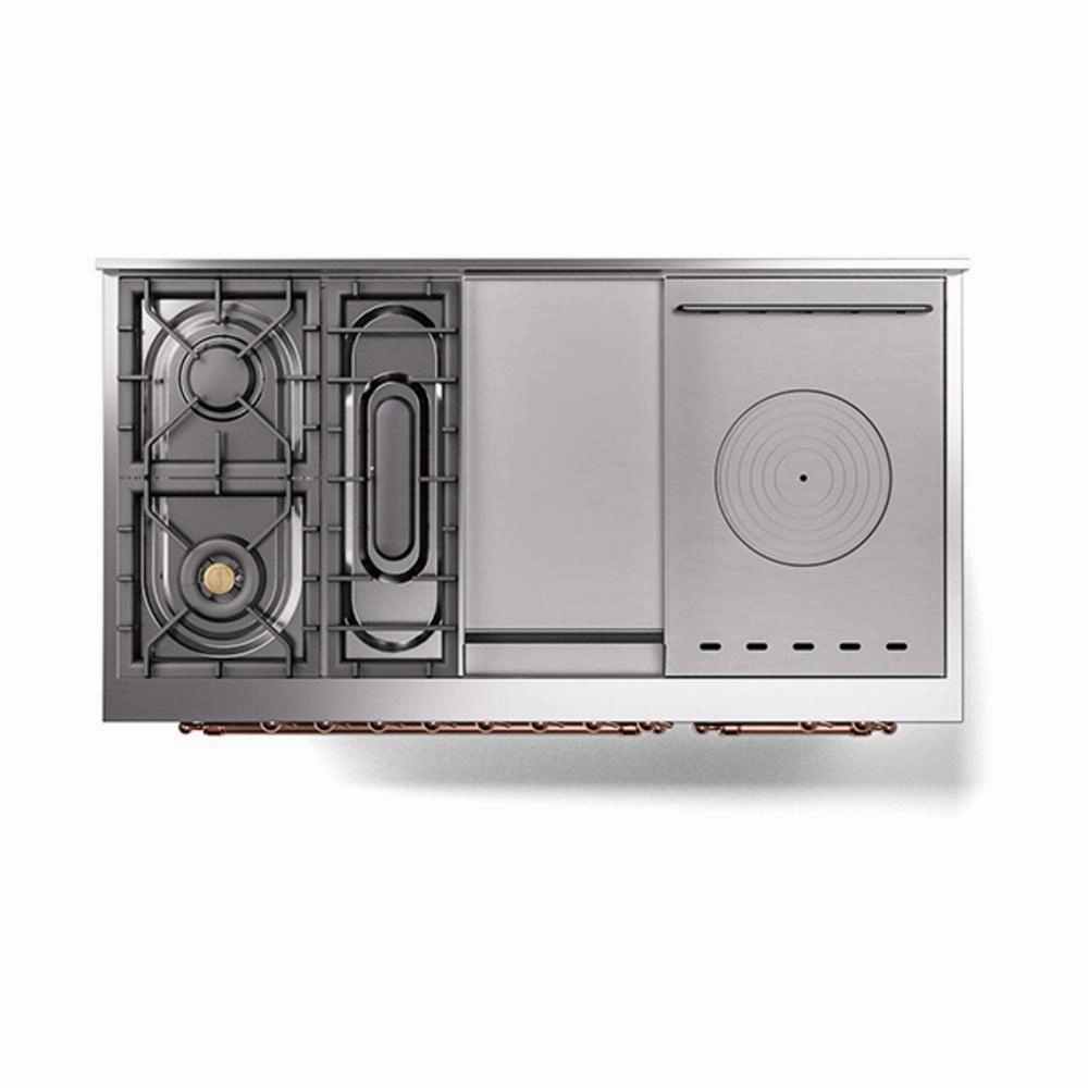 Ilve UN48FSQNMPBGP Ilve Un48Fsqnmpbgp Nostalgie Ii Noblesse 48" Dual Fuel Range (5 Sealed Burners   Griddle   French Top, Natural Gas, Solid Door, Blue Grey, Copper)