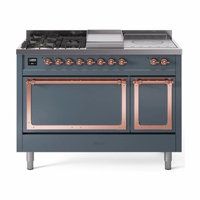 Ilve UN48FSQNMPBGP Ilve Un48Fsqnmpbgp Nostalgie Ii Noblesse 48" Dual Fuel Range (5 Sealed Burners   Griddle   French Top, Natural Gas, Solid Door, Blue Grey, Copper) Freestanding Ranges freestanding dual fuel range 30 inch