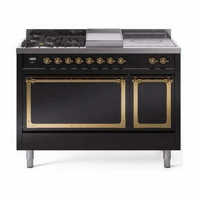 Ilve UN48FSQNMPBKG Ilve Un48Fsqnmpbkg Nostalgie Ii Noblesse 48" Dual Fuel Range (5 Sealed Burners   Griddle   French Top, Natural Gas, Solid Door, Glossy Black, Brass) Freestanding Ranges freestanding dual fuel range 30 inch