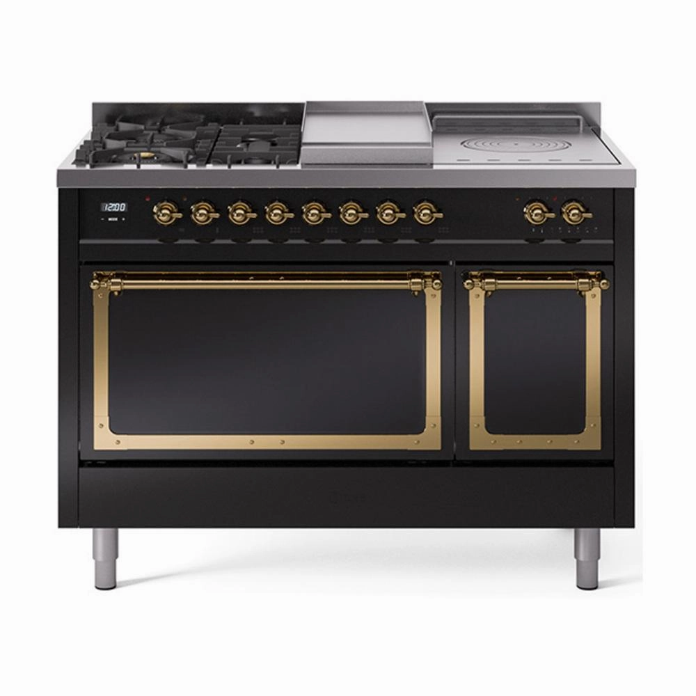 Ilve UN48FSQNMPBKG Ilve Un48Fsqnmpbkg Nostalgie Ii Noblesse 48" Dual Fuel Range (5 Sealed Burners   Griddle   French Top, Natural Gas, Solid Door, Glossy Black, Brass) Freestanding Ranges freestanding dual fuel range 30 inch