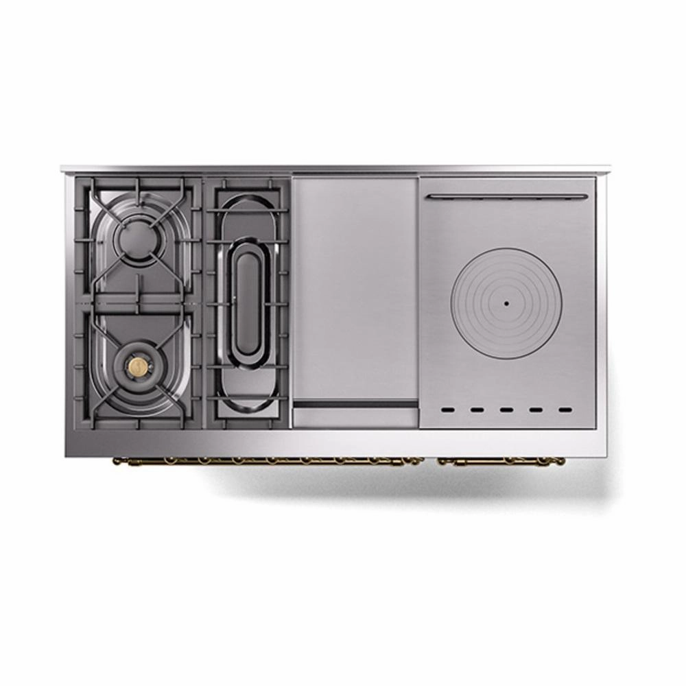 Ilve UN48FSQNMPBKG Ilve Un48Fsqnmpbkg Nostalgie Ii Noblesse 48" Dual Fuel Range (5 Sealed Burners   Griddle   French Top, Natural Gas, Solid Door, Glossy Black, Brass)