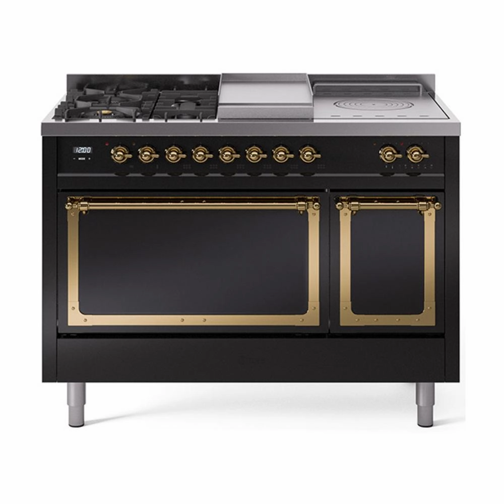 Ilve UN48FSQNMPBKGLP Ilve Un48Fsqnmpbkglp Nostalgie Ii Noblesse 48" Dual Fuel Range (5 Sealed Burners   Griddle   French Top, Liquid Propane, Solid Door, Glossy Black, Brass) Freestanding Ranges freestanding dual fuel range 30 inch