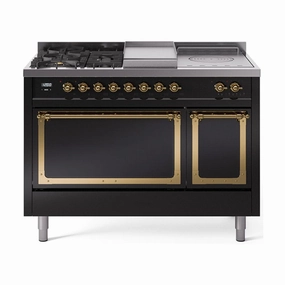Ilve UN48FSQNMPBKGLP Ilve Un48Fsqnmpbkglp Nostalgie Ii Noblesse 48" Dual Fuel Range (5 Sealed Burners   Griddle   French Top, Liquid Propane, Solid Door, Glossy Black, Brass) Freestanding Ranges freestanding dual fuel range 30 inch