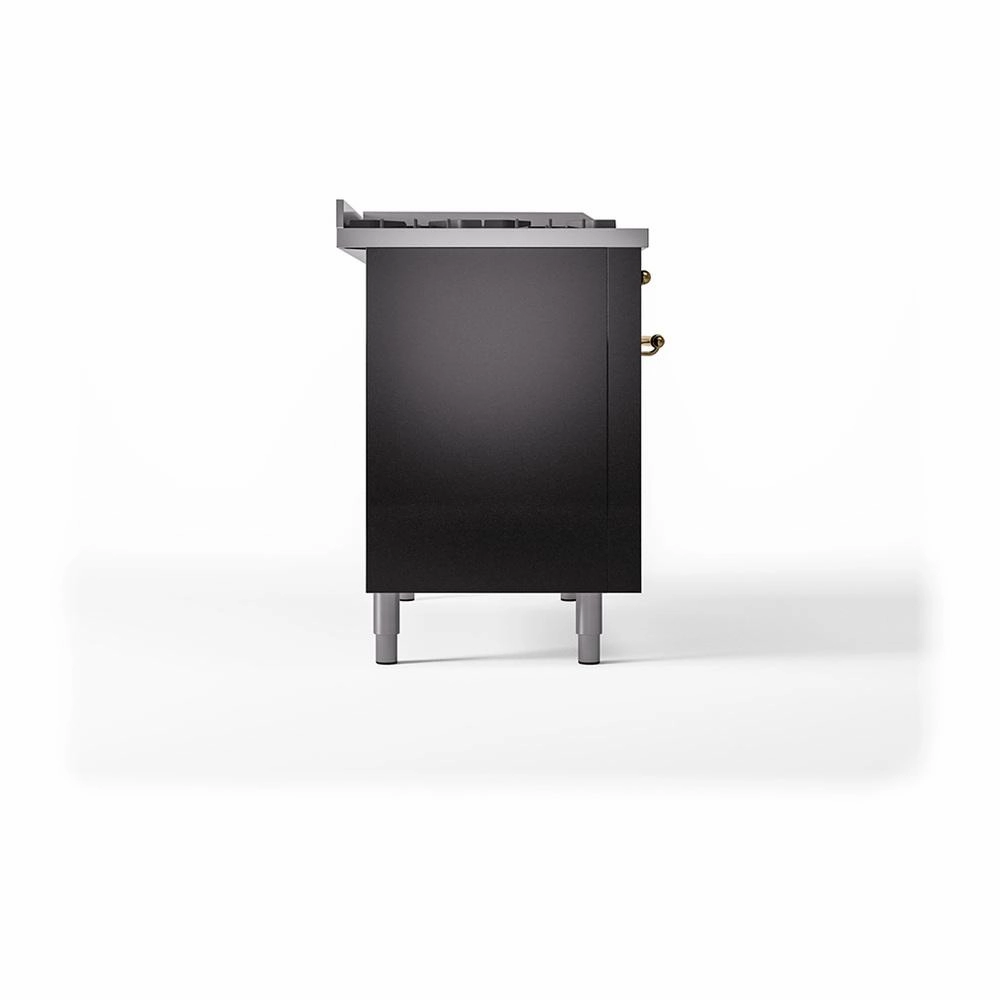 Ilve UN48FSQNMPBKGLP Ilve Un48Fsqnmpbkglp Nostalgie Ii Noblesse 48" Dual Fuel Range (5 Sealed Burners   Griddle   French Top, Liquid Propane, Solid Door, Glossy Black, Brass)
