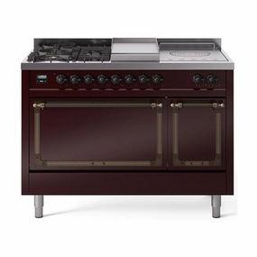 Ilve UN48FSQNMPBUB Ilve Un48Fsqnmpbub Nostalgie Ii Noblesse 48" Dual Fuel Range (5 Sealed Burners   Griddle   French Top, Natural Gas, Solid Door, Burgundy, Burnished) Freestanding Ranges freestanding dual fuel range 30 inch