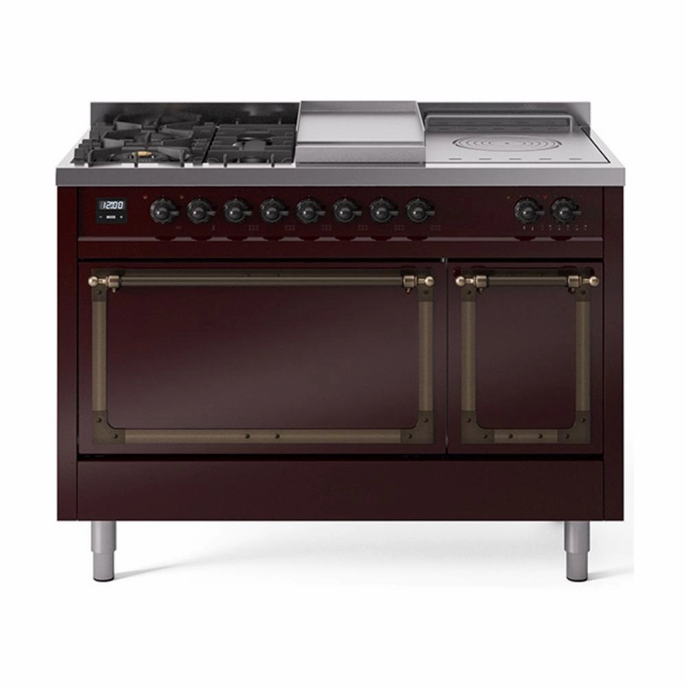 Ilve UN48FSQNMPBUB Ilve Un48Fsqnmpbub Nostalgie Ii Noblesse 48" Dual Fuel Range (5 Sealed Burners   Griddle   French Top, Natural Gas, Solid Door, Burgundy, Burnished) Freestanding Ranges freestanding dual fuel range 30 inch