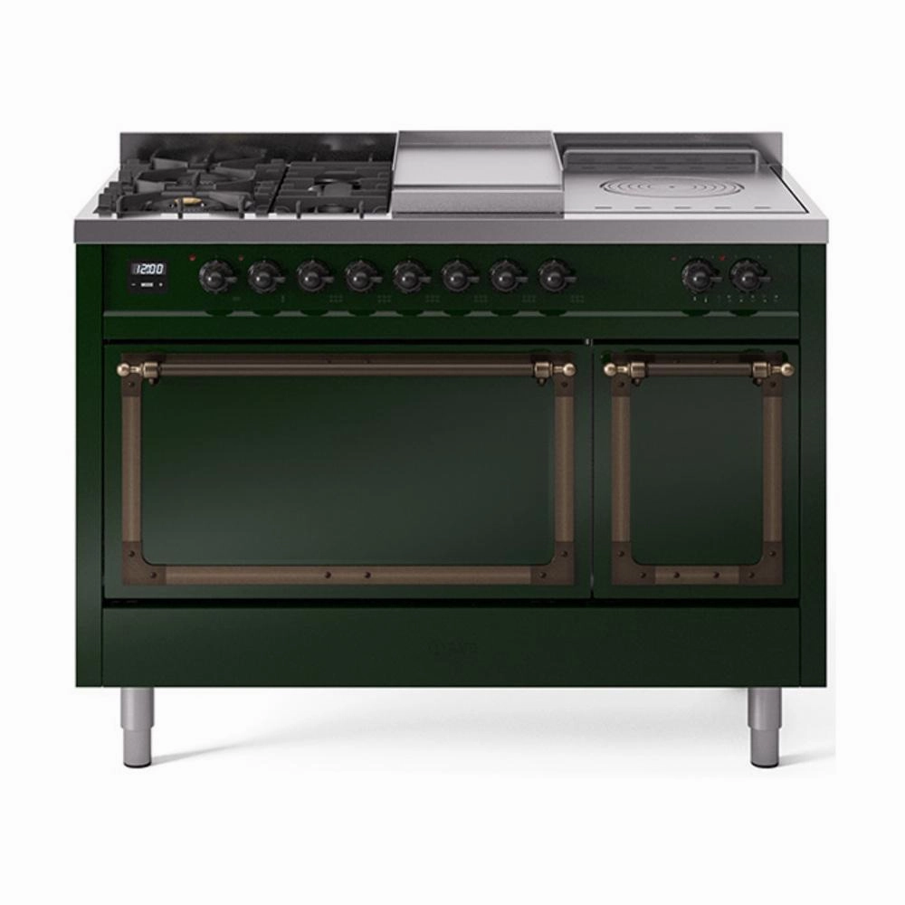 Ilve UN48FSQNMPEGBLP Ilve Un48Fsqnmpegblp Nostalgie Ii Noblesse 48" Dual Fuel Range (5 Sealed Burners   Griddle   French Top, Liquid Propane, Solid Door, Emerald Green, Burnished) Freestanding Ranges freestanding dual fuel range 30 inch