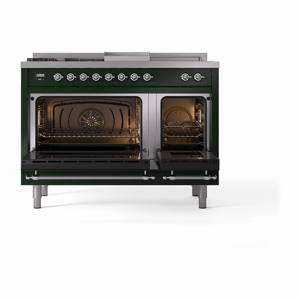Ilve UN48FSQNMPEGC Ilve Un48Fsqnmpegc Nostalgie Ii Noblesse 48" Dual Fuel Range (5 Sealed Burners   Griddle   French Top, Natural Gas, Solid Door, Emerald Green, Chrome)