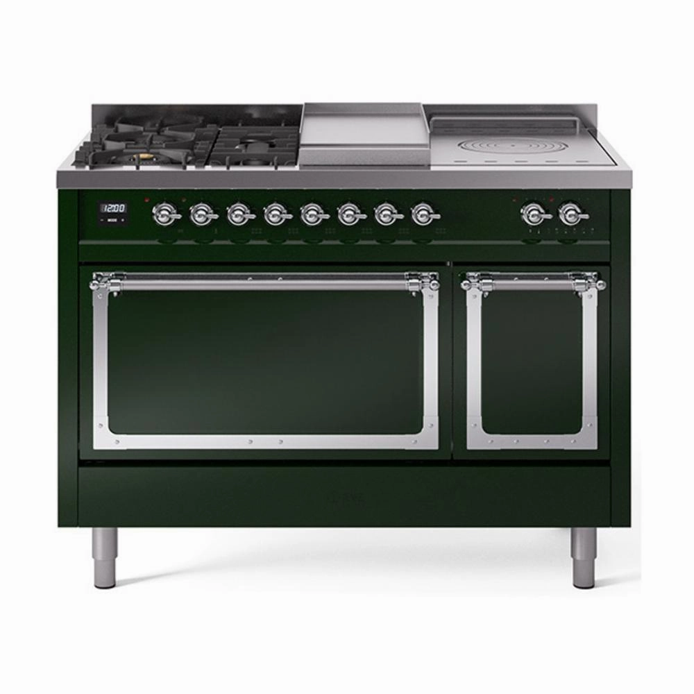 Ilve UN48FSQNMPEGCLP Ilve Un48Fsqnmpegclp Nostalgie Ii Noblesse 48" Dual Fuel Range (5 Sealed Burners   Griddle   French Top, Liquid Propane, Solid Door, Emerald Green, Chrome) Freestanding Ranges freestanding dual fuel range 30 inch