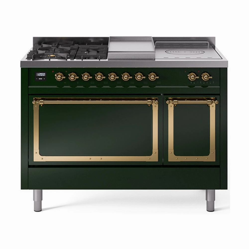 Ilve UN48FSQNMPEGGLP Ilve Un48Fsqnmpegglp Nostalgie Ii Noblesse 48" Dual Fuel Range (5 Sealed Burners   Griddle   French Top, Liquid Propane, Solid Door, Emerald Green, Brass) Freestanding Ranges freestanding dual fuel range 30 inch