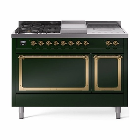 Ilve UN48FSQNMPEGGLP Ilve Un48Fsqnmpegglp Nostalgie Ii Noblesse 48" Dual Fuel Range (5 Sealed Burners   Griddle   French Top, Liquid Propane, Solid Door, Emerald Green, Brass) Freestanding Ranges freestanding dual fuel range 30 inch