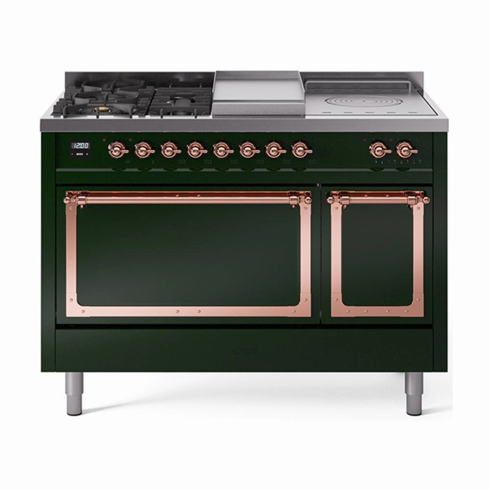 Ilve UN48FSQNMPEGP Ilve Un48Fsqnmpegp Nostalgie Ii Noblesse 48" Dual Fuel Range (5 Sealed Burners   Griddle   French Top, Natural Gas, Solid Door, Emerald Green, Copper) Freestanding Ranges freestanding dual fuel range 30 inch