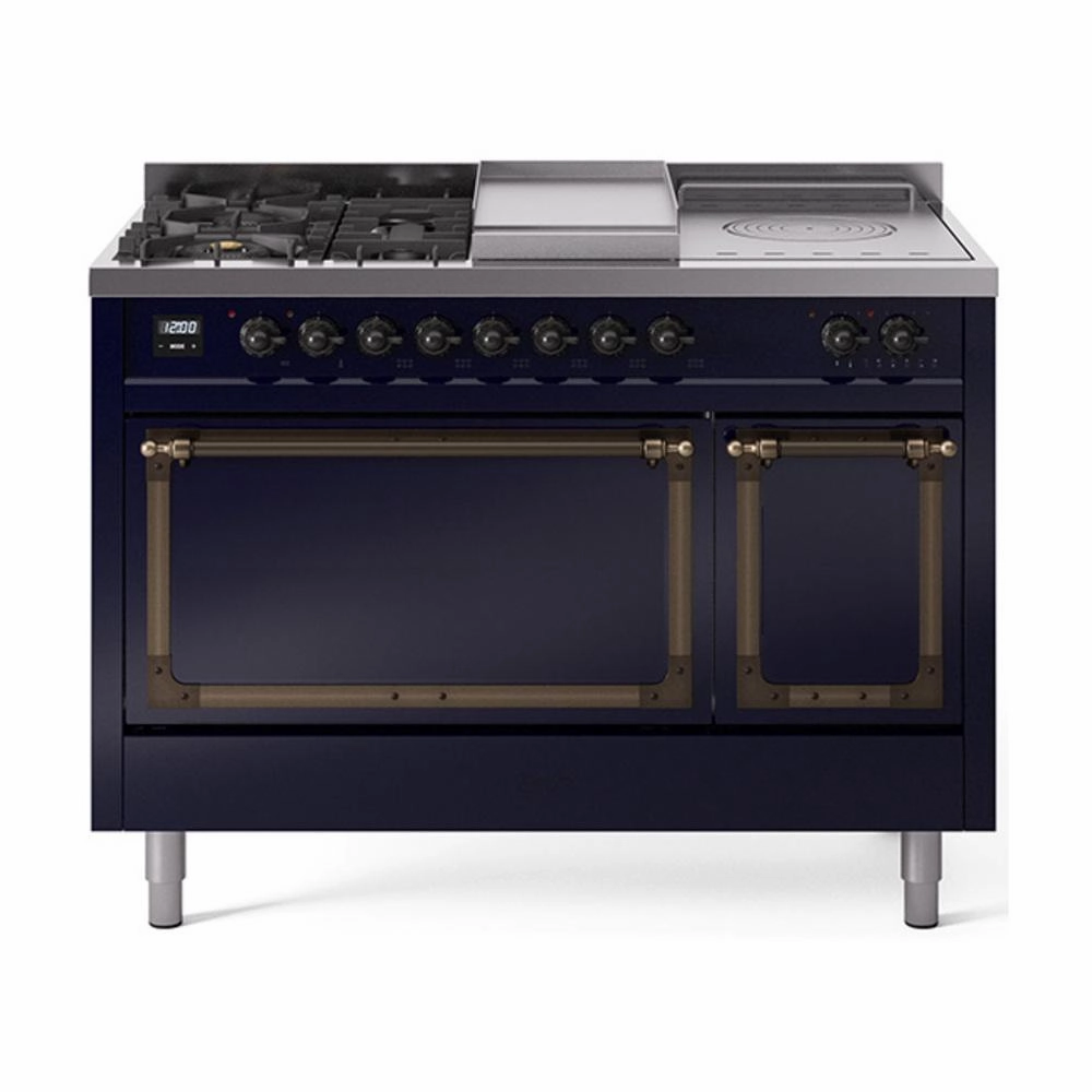 Ilve UN48FSQNMPMBBLP Ilve Un48Fsqnmpmbblp Nostalgie Ii Noblesse 48" Dual Fuel Range (5 Sealed Burners   Griddle   French Top, Liquid Propane, Solid Door, Midnight Blue, Burnished) Freestanding Ranges freestanding dual fuel range 30 inch