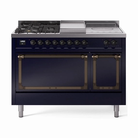 Ilve UN48FSQNMPMBBLP Ilve Un48Fsqnmpmbblp Nostalgie Ii Noblesse 48" Dual Fuel Range (5 Sealed Burners   Griddle   French Top, Liquid Propane, Solid Door, Midnight Blue, Burnished) Freestanding Ranges freestanding dual fuel range 30 inch