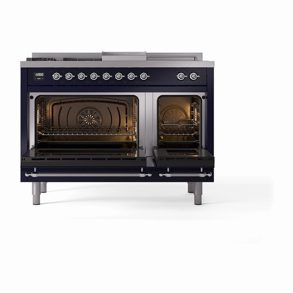 Ilve UN48FSQNMPMBCLP Ilve Un48Fsqnmpmbclp Nostalgie Ii Noblesse 48" Dual Fuel Range (5 Sealed Burners   Griddle   French Top, Liquid Propane, Solid Door, Midnight Blue, Chrome)