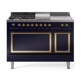 Ilve UN48FSQNMPMBG Ilve Un48Fsqnmpmbg Nostalgie Ii Noblesse 48" Dual Fuel Range (5 Sealed Burners   Griddle   French Top, Natural Gas, Solid Door, Midnight Blue, Brass) Freestanding Ranges freestanding dual fuel range 30 inch