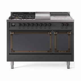Ilve UN48FSQNMPMGBLP Ilve Un48Fsqnmpmgblp Nostalgie Ii Noblesse 48" Dual Fuel Range (5 Sealed Burners   Griddle   French Top, Liquid Propane, Solid Door, Graphite Matte, Burnished) Freestanding Ranges freestanding dual fuel range 30 inch